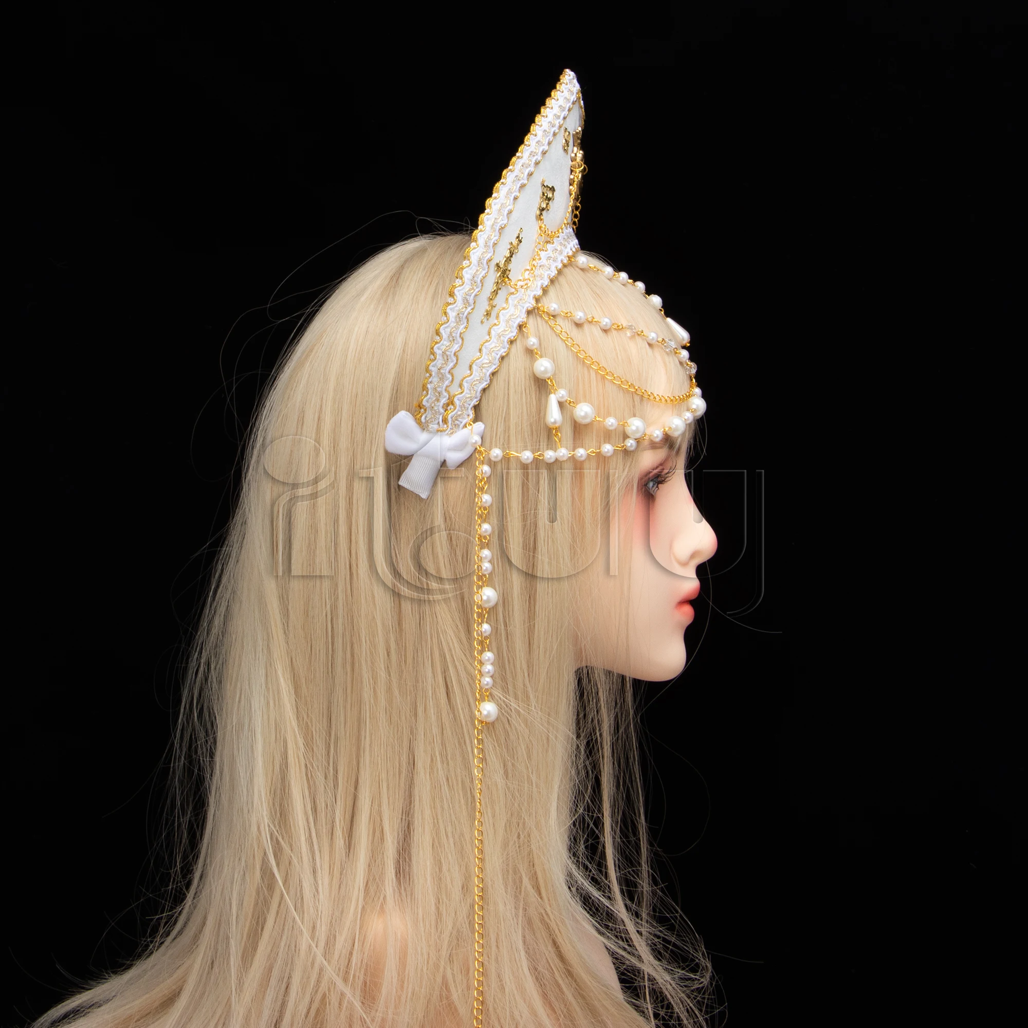 Lolita Girl Gothic Beads Chain Tudor Crown Hood Coronet Headpiece Elizabethan Renaissance Goddess Royal French Tiara Headband
