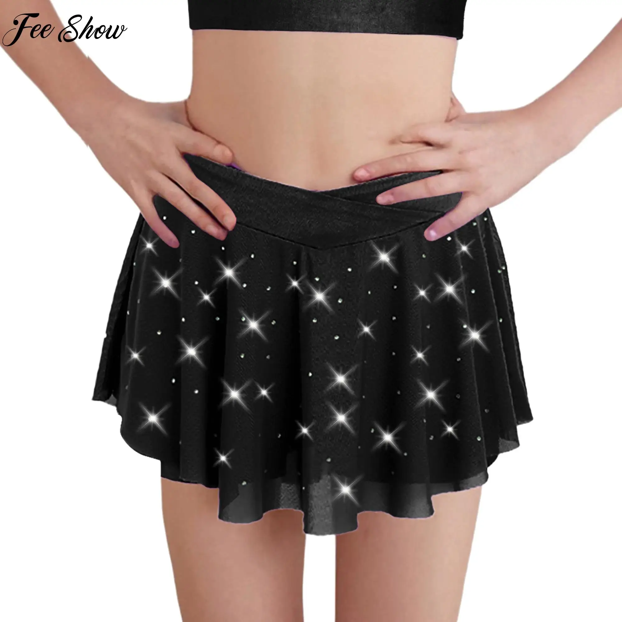 Girls Ballet Dance Gymnastics Skirts Stretchy Athletic Skirts Rhinestones Mesh Skirt with Built-in Shorts Workout Sports Bottoms