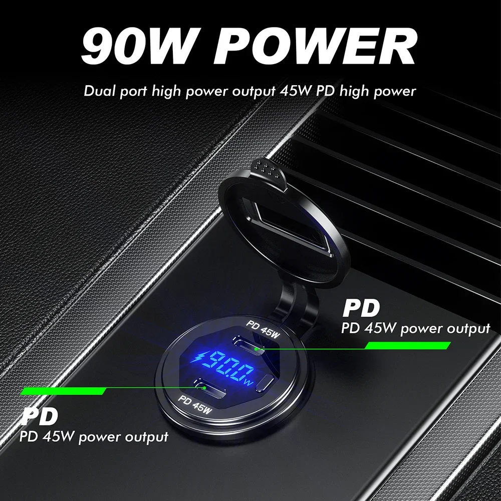 90W Super Fast Car Charge Cigarette Lighter Adapter QC3.0+PD Port Fast Charging LED Display Power 12V 24V for Boat RV Waterproof