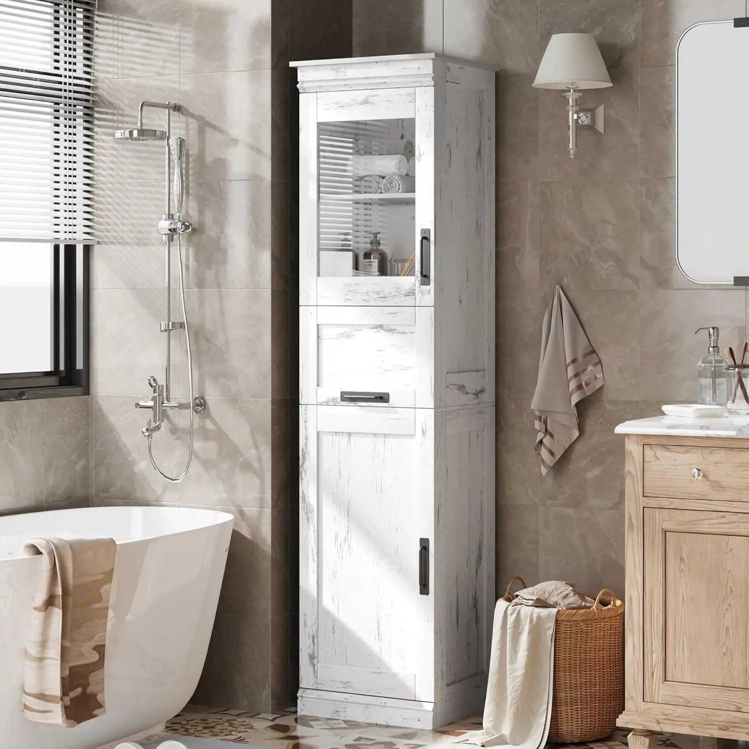 Hoge badkamer opbergkast 170cm glazen deur/lade/verstelbare planken vrijstaande organizer voor badkamer keuken woonkamer