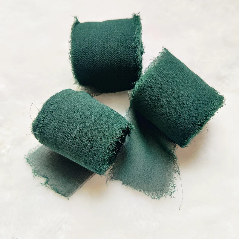 3 Rolls Dark Green Fringe Chiffon Silk Ribbon Handmade Frayed Edges for Wedding Invitations Gift DIY Craft Bow Wrapping Ties