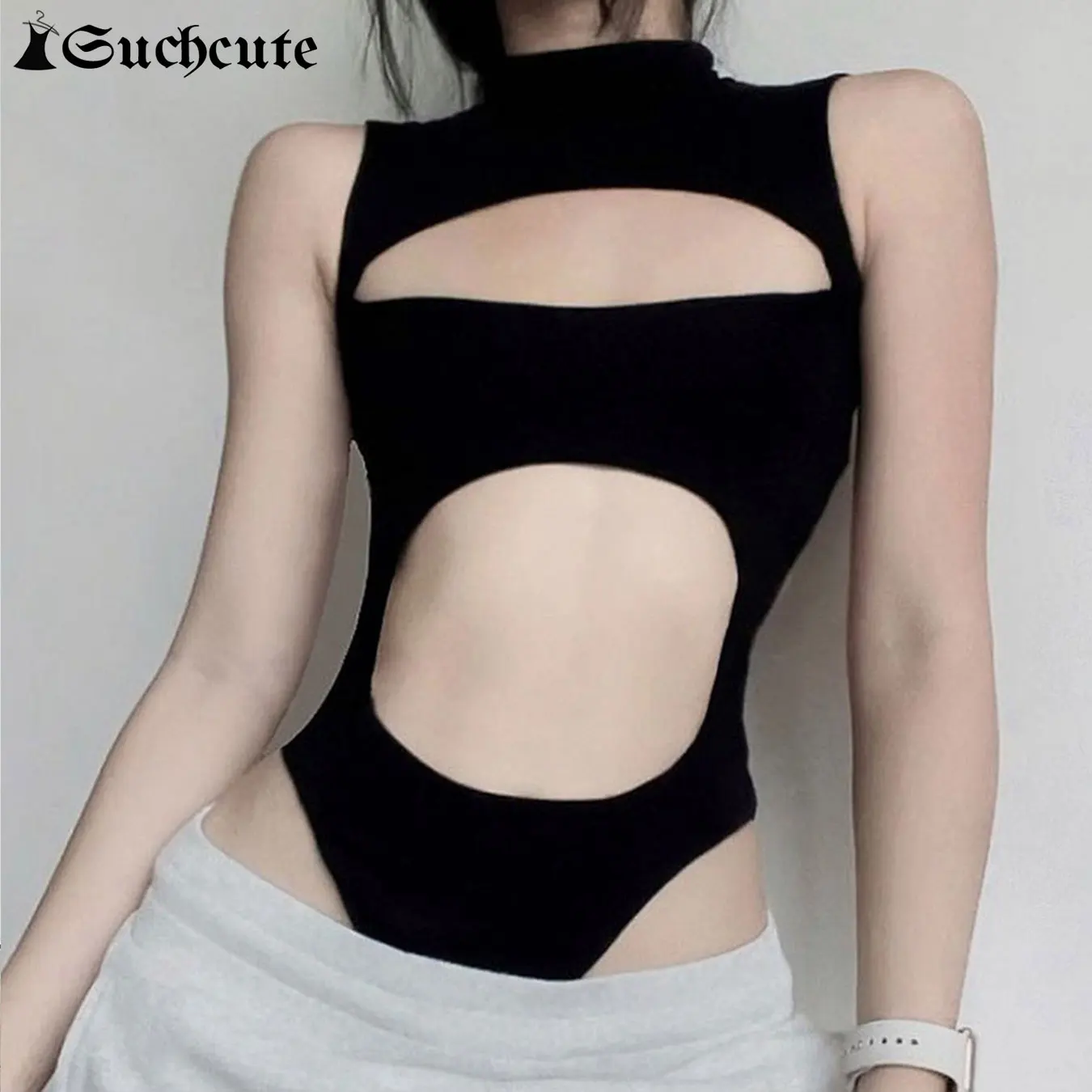 SUCHCUTE Black Sexy Hollow Out Sleeveless Bodysuits Gothic Solid Skinny Playsuit Streetwear Women Tops Summer Short Overall 2024