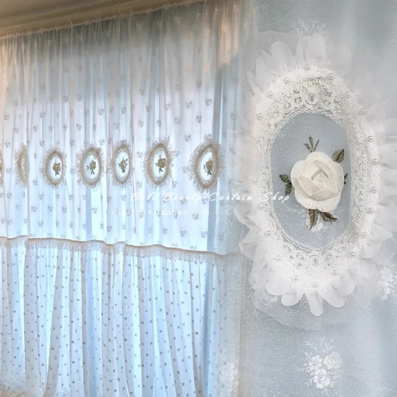 

Korean Pink Blue Background Curtain White Three-dimensional Embroidered Dreamy Princess Lace Wedding Room Customization