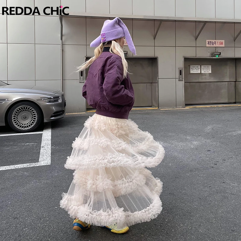 

ReddaChic Women Layered Ruffle Tulle Tutu Kawaii Puffy Elastic Waist A Line Loose Maxi Long Cake Skirt Princess Women Bottoms