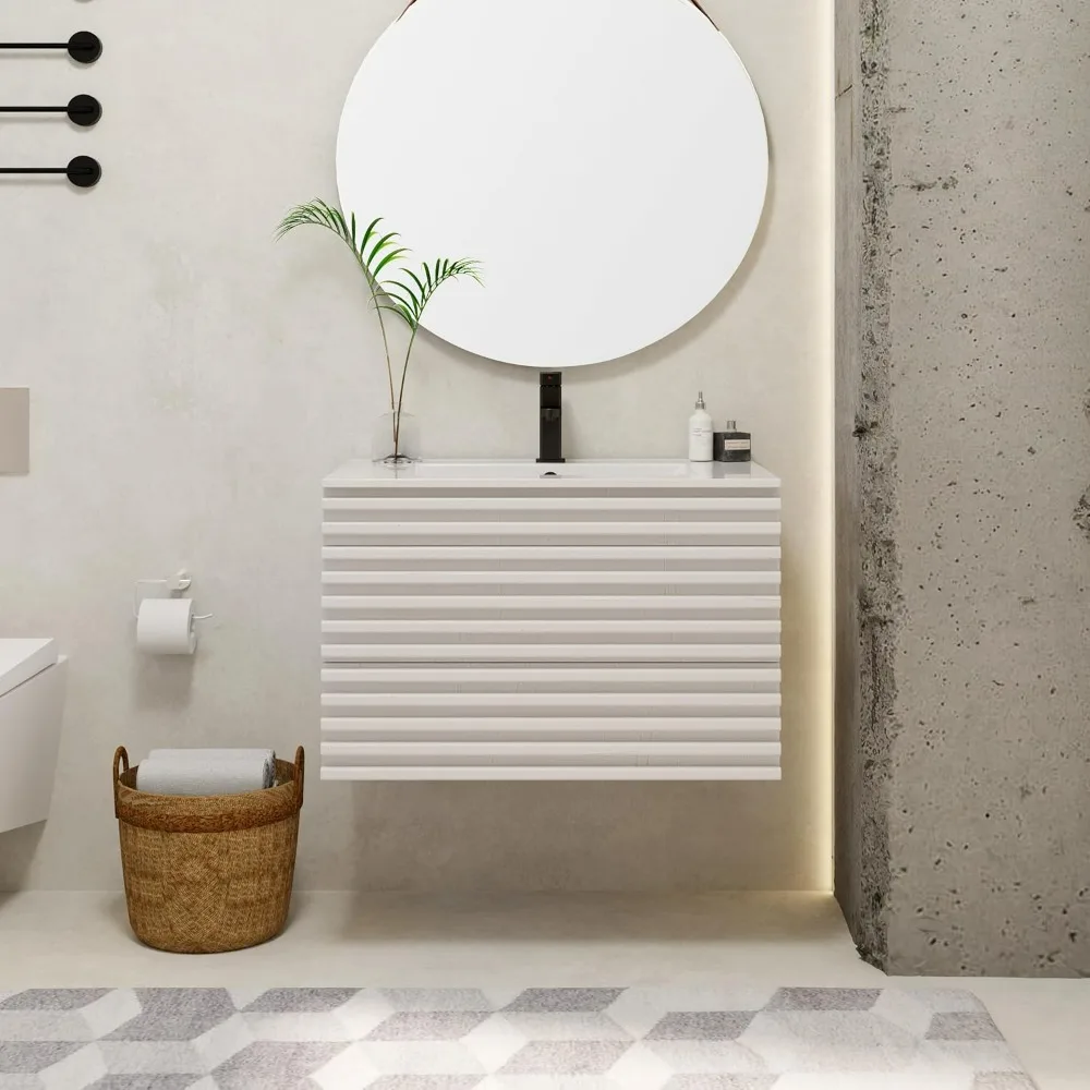 Organizzatori da bagno, vanità da bagno galleggiante con lavabo combinato set di armadietti a parete della metà del secolo con strisce, cassetti, sottopiano