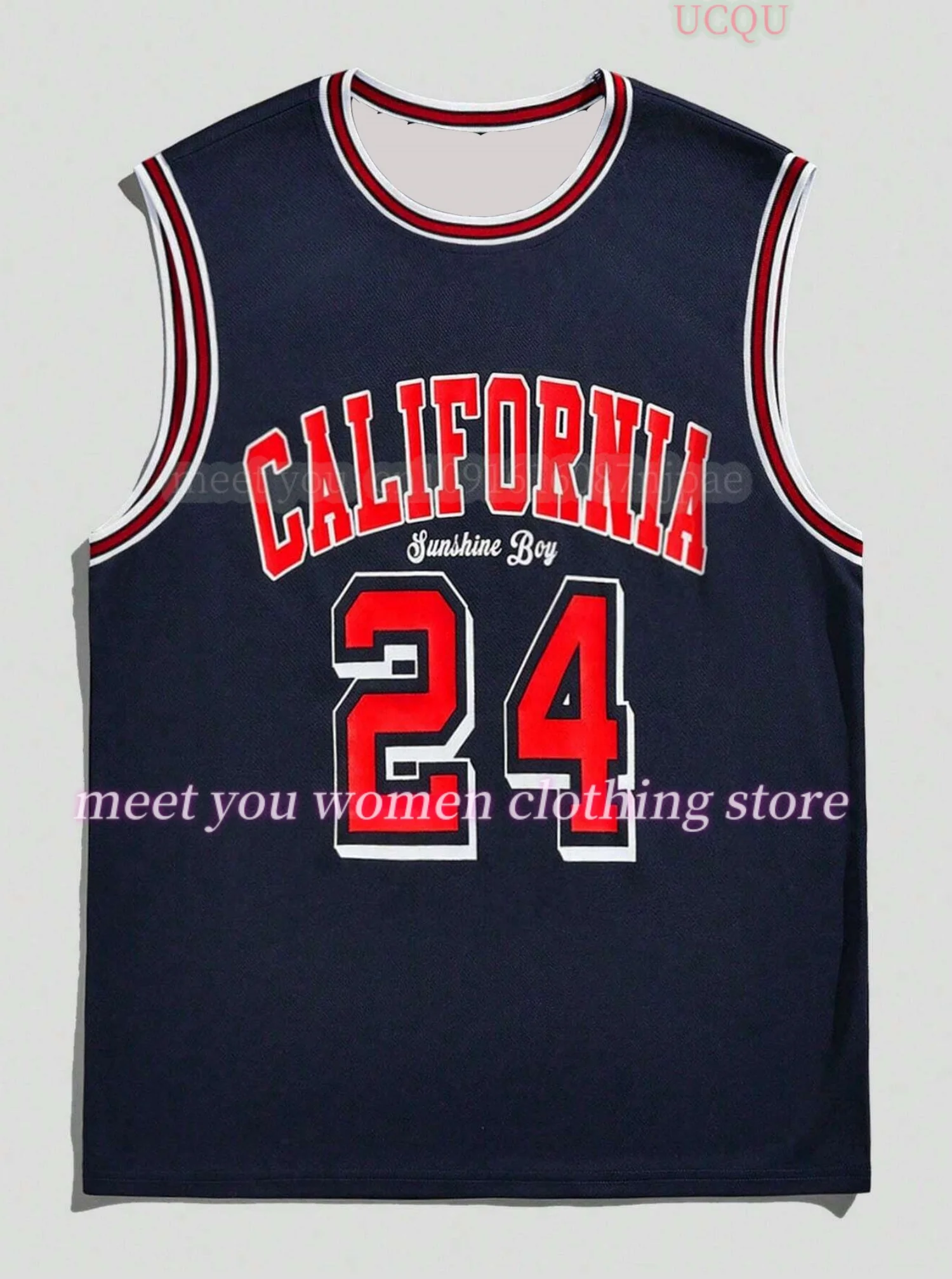 

Jersey vest Boyfriend Style women's CALIFORNIA No.24 Print Striped Round Neck Casual Tank Top women sport basketball vest