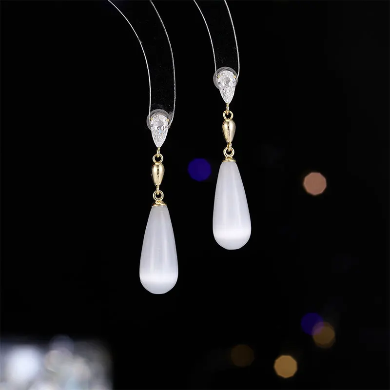 

New Chinese Cat's Eye Stone for Women, Water Drop Lake French Long , Elegant Ancient Style Stud Earrings wit