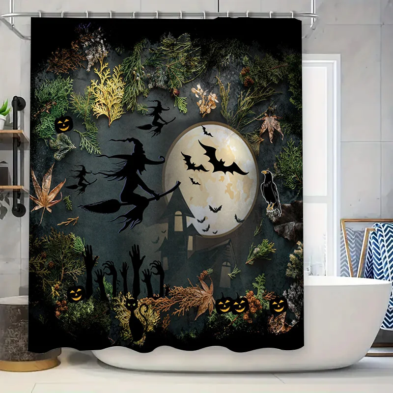 Vintage Halloween Dried Leaf Witch Bat Full Moon Pumpkin Crow Zombie Hand Black Cat Print Shower Curtain Waterproof Mildew Resis