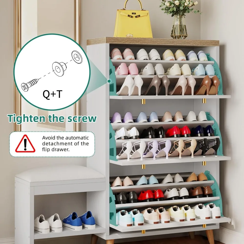 Modern Entryway Shoe Cabinet: 3 Flip Drawers + Shoe Bench | Freestanding Hidden Storage Rack & Slim Organizer