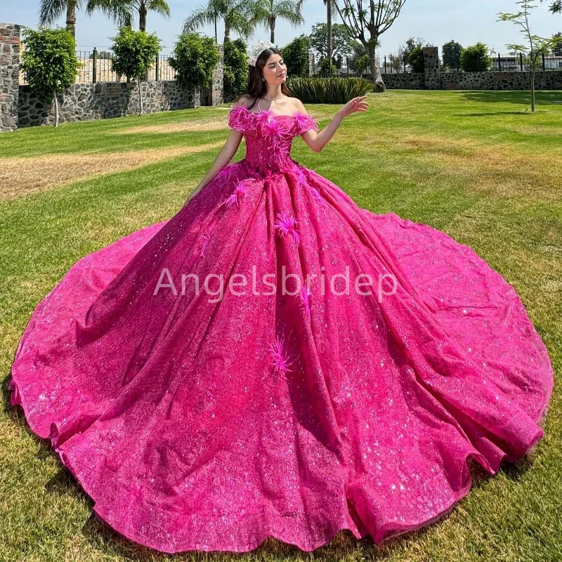 

Ярко-розовое блестящее Тюлевое бальное платье Angelsbride, платья для Quinceanera, платье принцессы 15 лет, женское платье