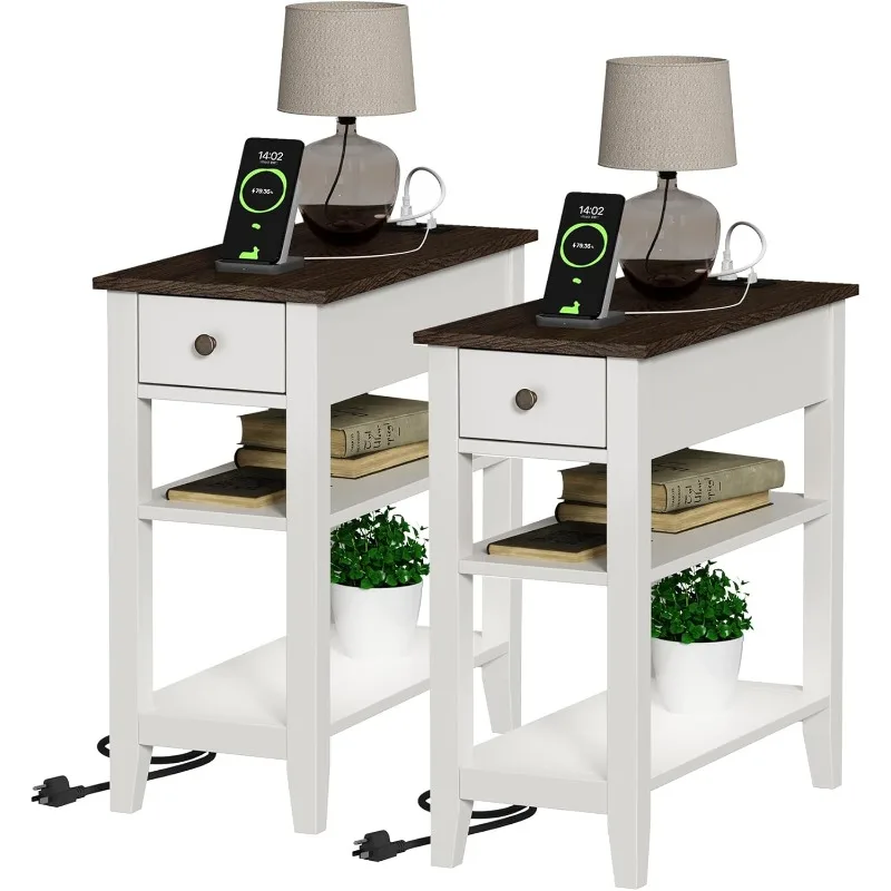 ChooChoo Farmhouse End Table Living Room Set of 2, Sofa Side Table Living Room with Charging Station,Narrow Night Stand