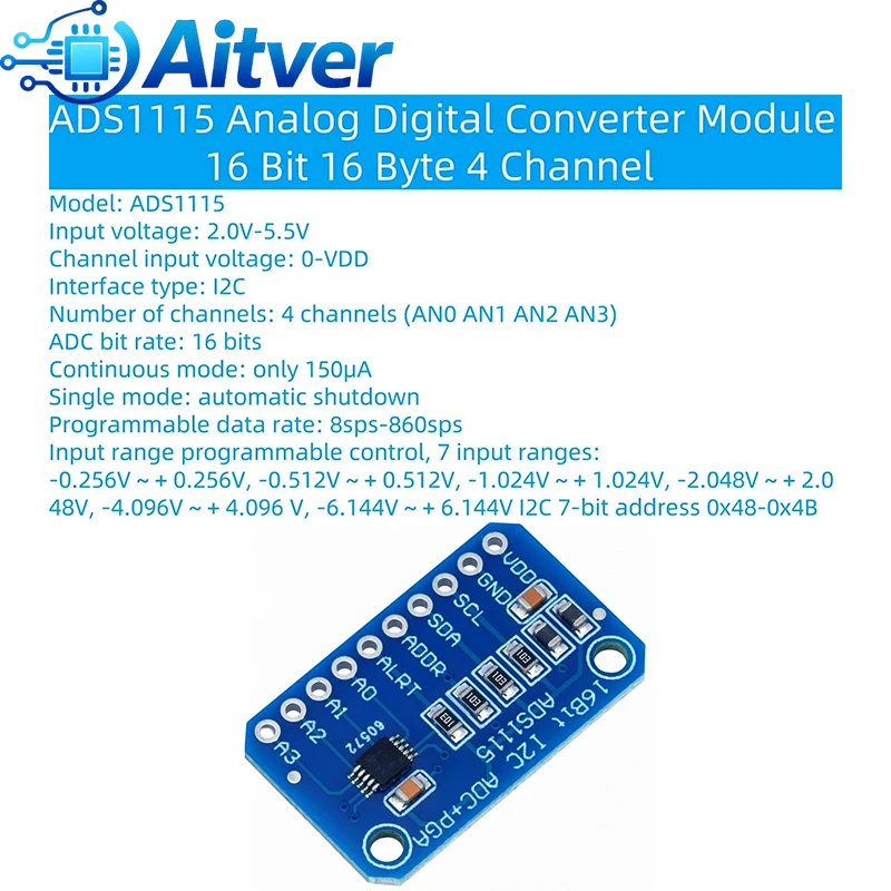 ADS1115 16-bitowy moduł ADC I2C 4-kanałowy, wersja standardowa i wersja PGA dla Arduino ESP32 Raspberry Pi — zdjęcie produktu 3
