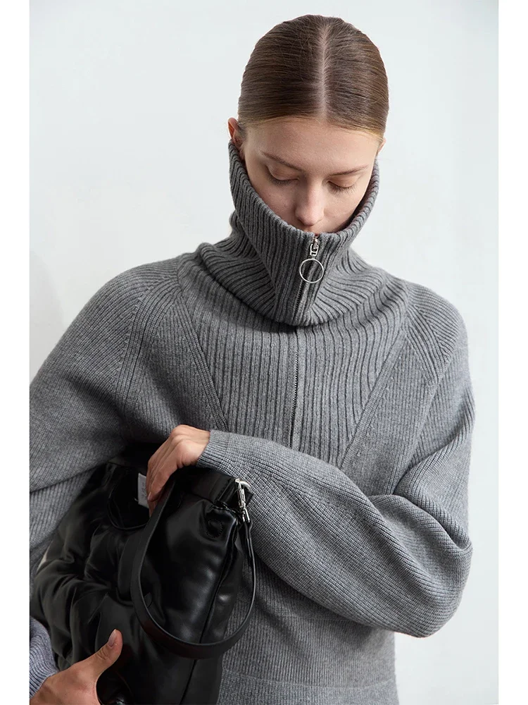 Amii Minimalist 2025 Winter New Women's Casual Knitted Skirt Lapel Shoulder Sleeve Zipper Semi-open Placket Waist Dress 12444240