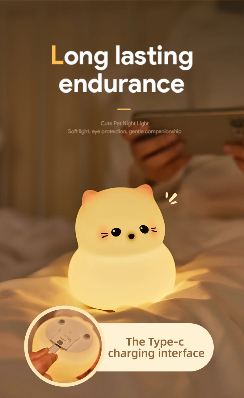 Guardian Kitty Silicone LED Night Lights USB Rechargeable Sleep Night Lamp Timing Bedside Room Decor Kids Baby Nightlight Gift