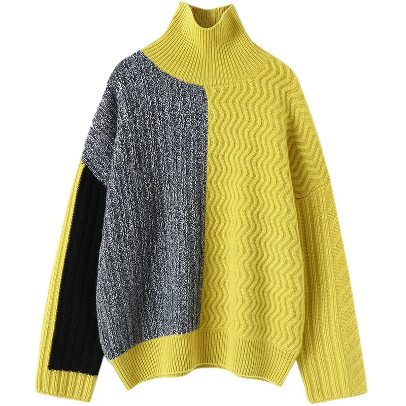 Oversized Pullover Patchwork 100% Cashmere Winter Warm Sweater Women New Latest Fashion for Women Clothes Turtleneck