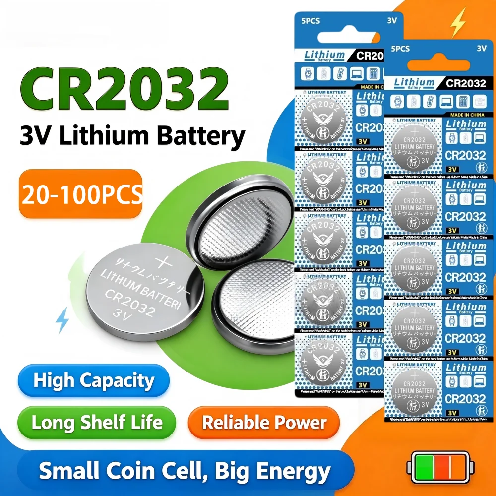 20-100PCS CR2032 3V 200mAh Lithium Button Coin Battery DL2032 ECR2032 for Watch Car Key Remote Control Toy Calculator