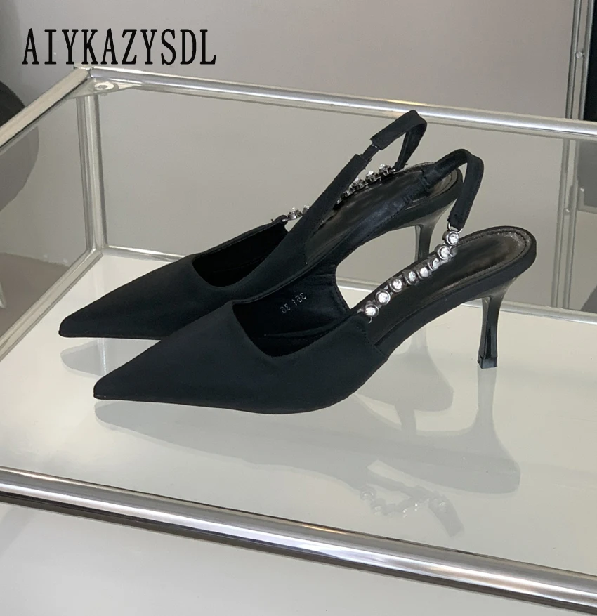 

AIYKAZYSDL 2023 Med Low Heel Slingback Pumps Women Crystal Rhinestone Pointed Toe High Heel Sandals Silver Shoes Fashion Cut Out