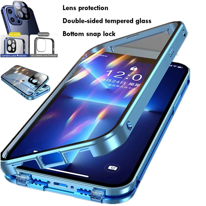 

360°Full Protection Metal Magnetic Snap Lock Phone Case For iPhone16 15 14 13 12 11 Pro Max Plus Double-sided Glass Bumper Cover