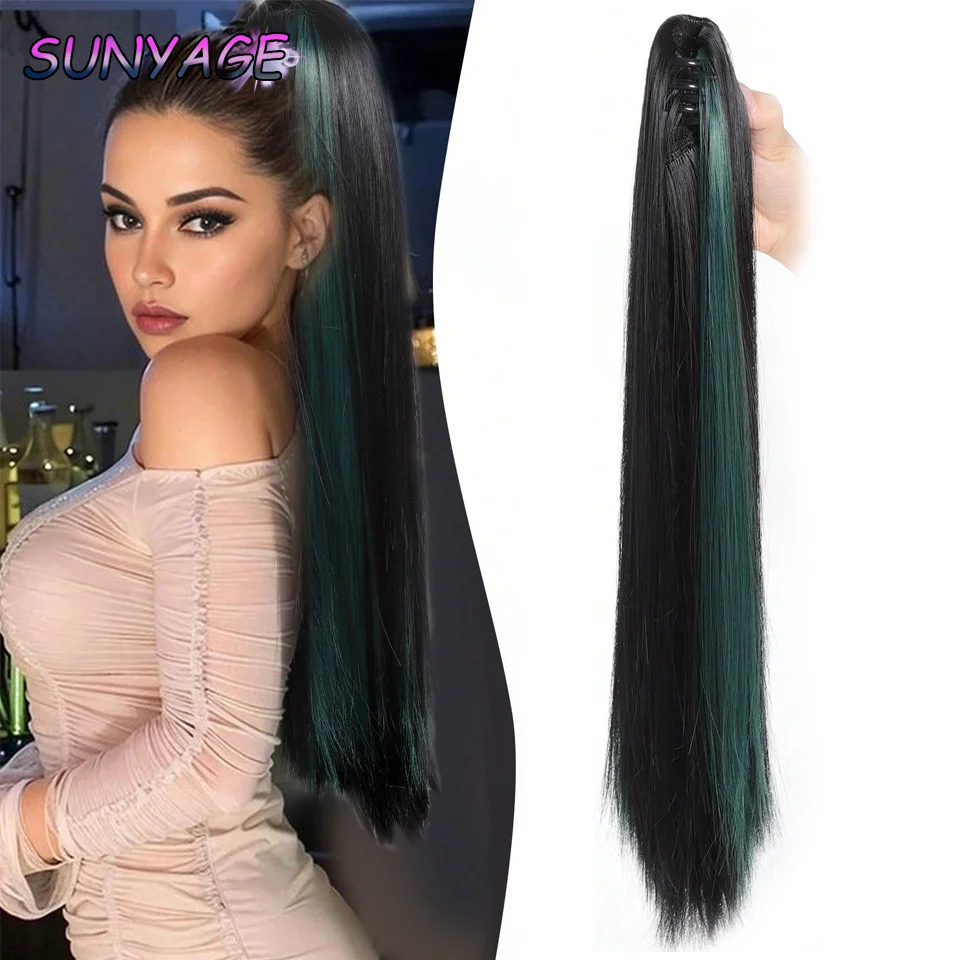 

SUNYAGE Synthesis Claw Clip Ponytail black Brown Synthetic Hair Piece green Pick up dyeing Pony Tail Hair Extensions for Women