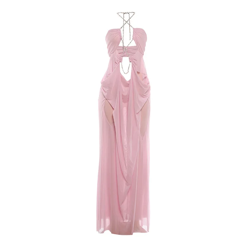 Lange jurk van doorschijnend mesh in effen kleur voor dames, met strass-ketting, halternek, uitsnijding en open rug, sexy feest- en cluboutfit