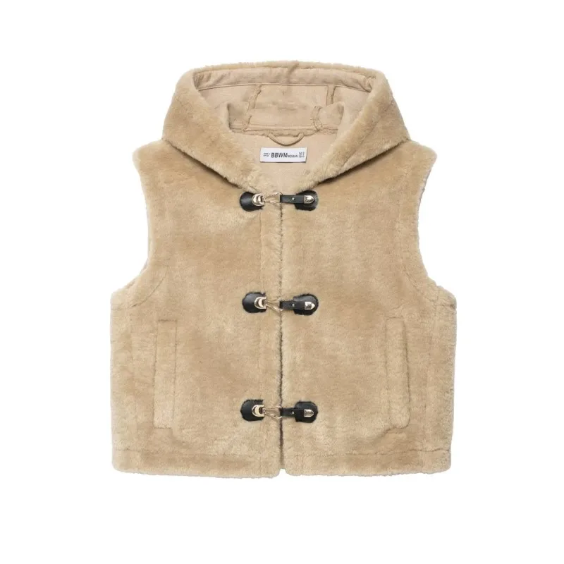 

Women Faux Shearling Gilet with Toggles Autumn Fashion Chic Women's Hooded Vest Sleeveless High Street Female Tops