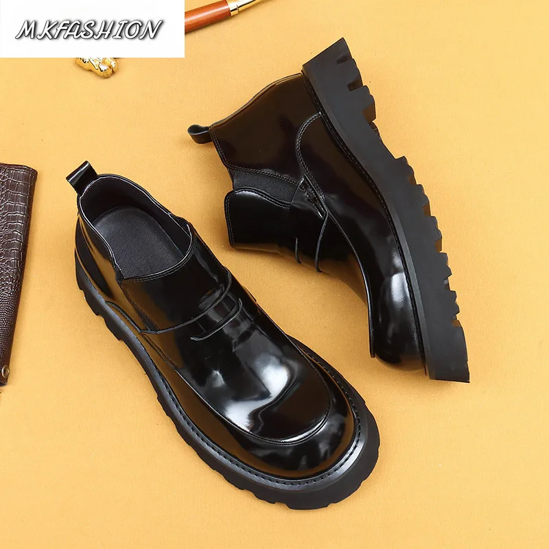 Autumn Winter Men's Glossy Genuine Leather Casual Ankle Boot Thick Soled Round Toe Short Boot Booties