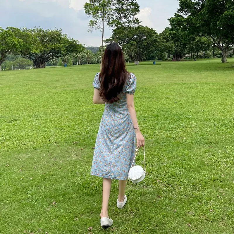 Prairie Chic Broken Flowers Midi Dress Female Clothing Vintage Printed Summer Folds Stylish V-Neck Lace Spliced Elegant Dresses