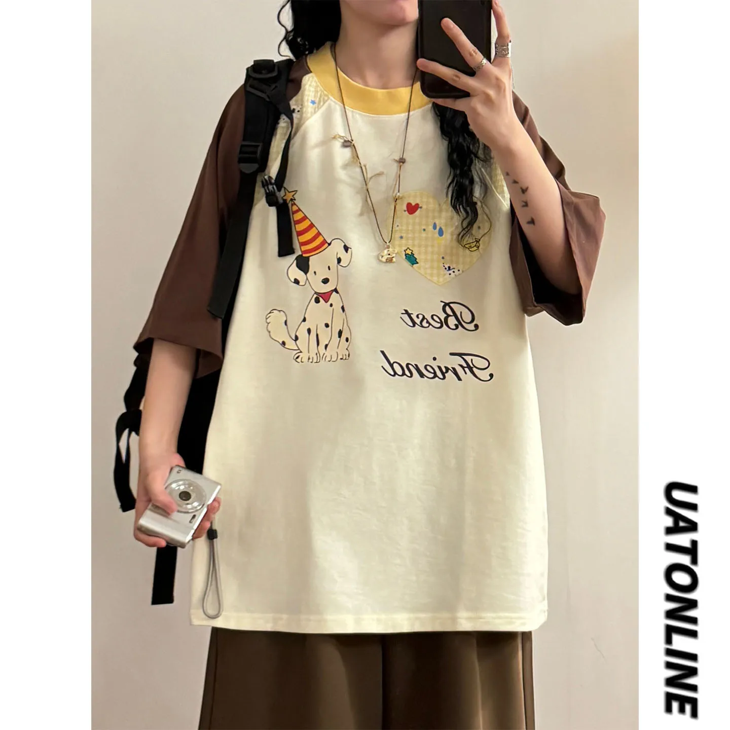 

UATONLINE2026 Summer American Retro Cartoon Dog Print Casual Short Sleeve T-Shirt Shoulder Insertion Loose Fit round Neck Shirt