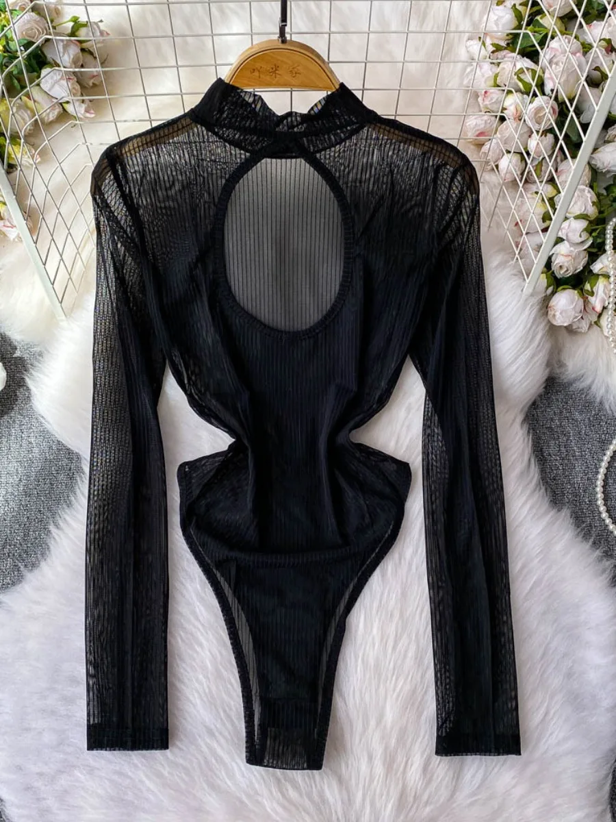 Foamlina holle opstaande kraag lange mouw jumpsuit dames zomer Amerikaanse niche sexy slanke hoge split mesh bodysuits