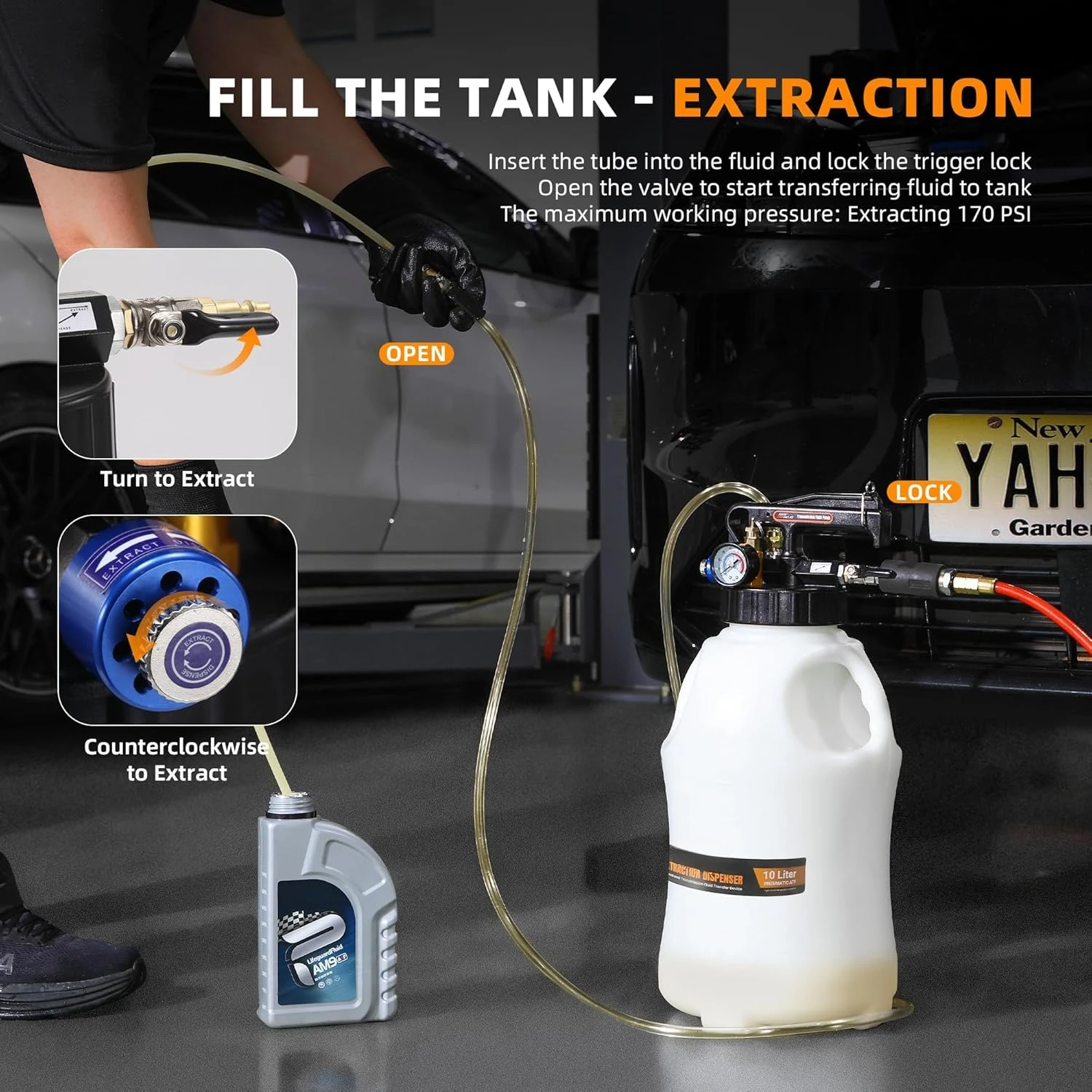 

10L Transmission Fluid Pump - Pneumatic Transmission Fluid Extractor and Dispenser with 15 Metal ATF Adapters and Pressure Gauge