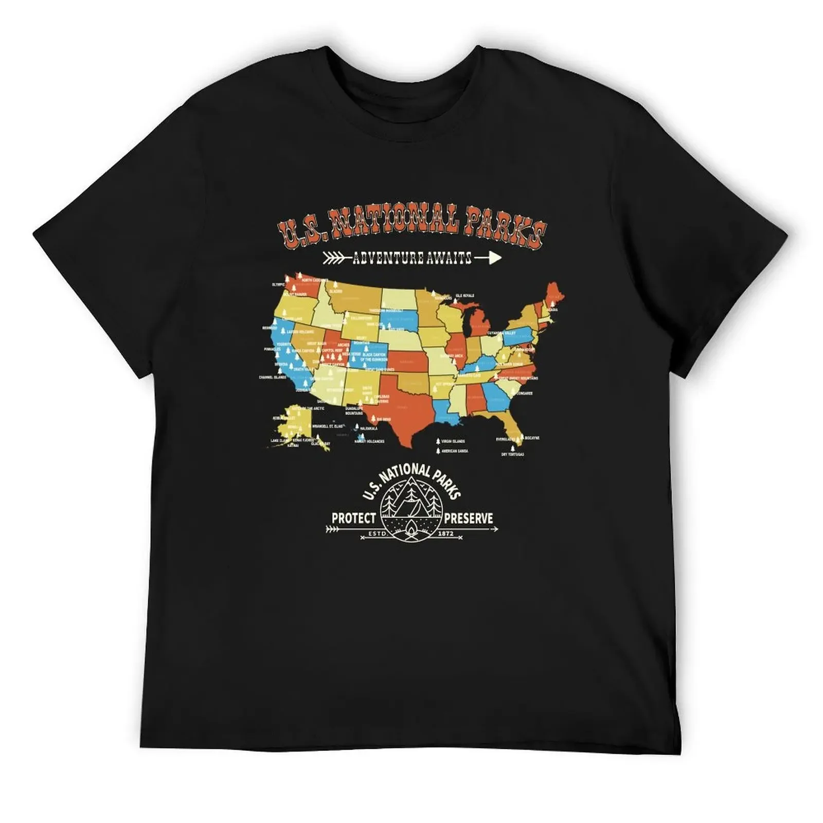 

All 63 National Parks Map - Vintage American Hiking Camping Gift T-Shirt summer top anime stuff oversizeds vintage t shirt men