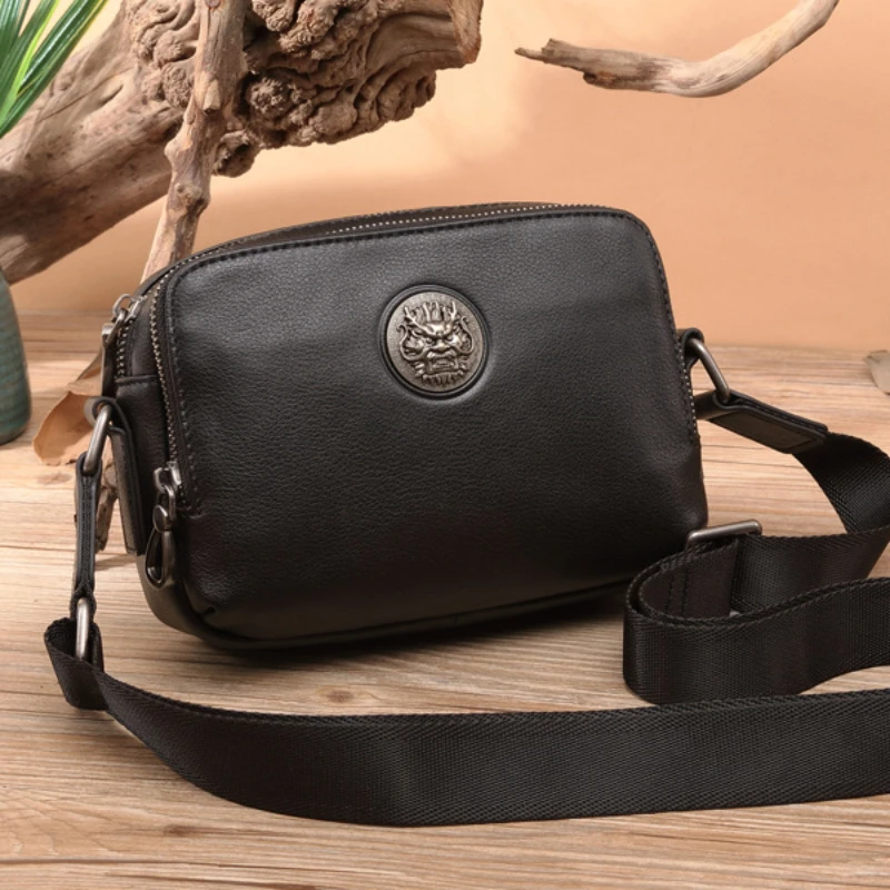 New genuine leather men's bag, men's double zipper shoulder bag, top layer cowhide horizontal casual crossbody bag, trendy.