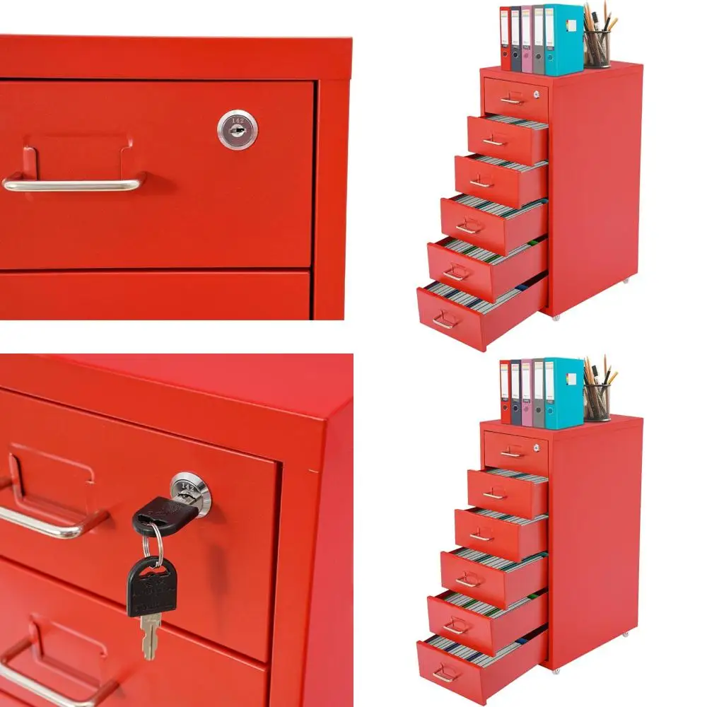 

Red Mobile 6-Drawer Metal File Cabinet for Home and Office, Letter/Standard Size Storage Organizer