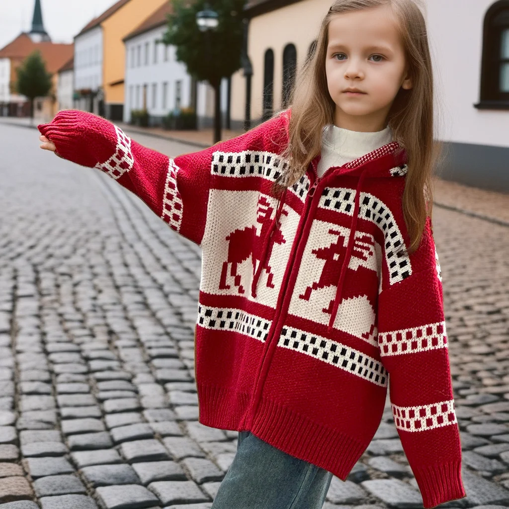

Girls Christmas Sweater Hooded Cardigan Fair Isle Knit Pullover Winter Warm Red Outerwear Thickened Holiday Coat for Teen Tops