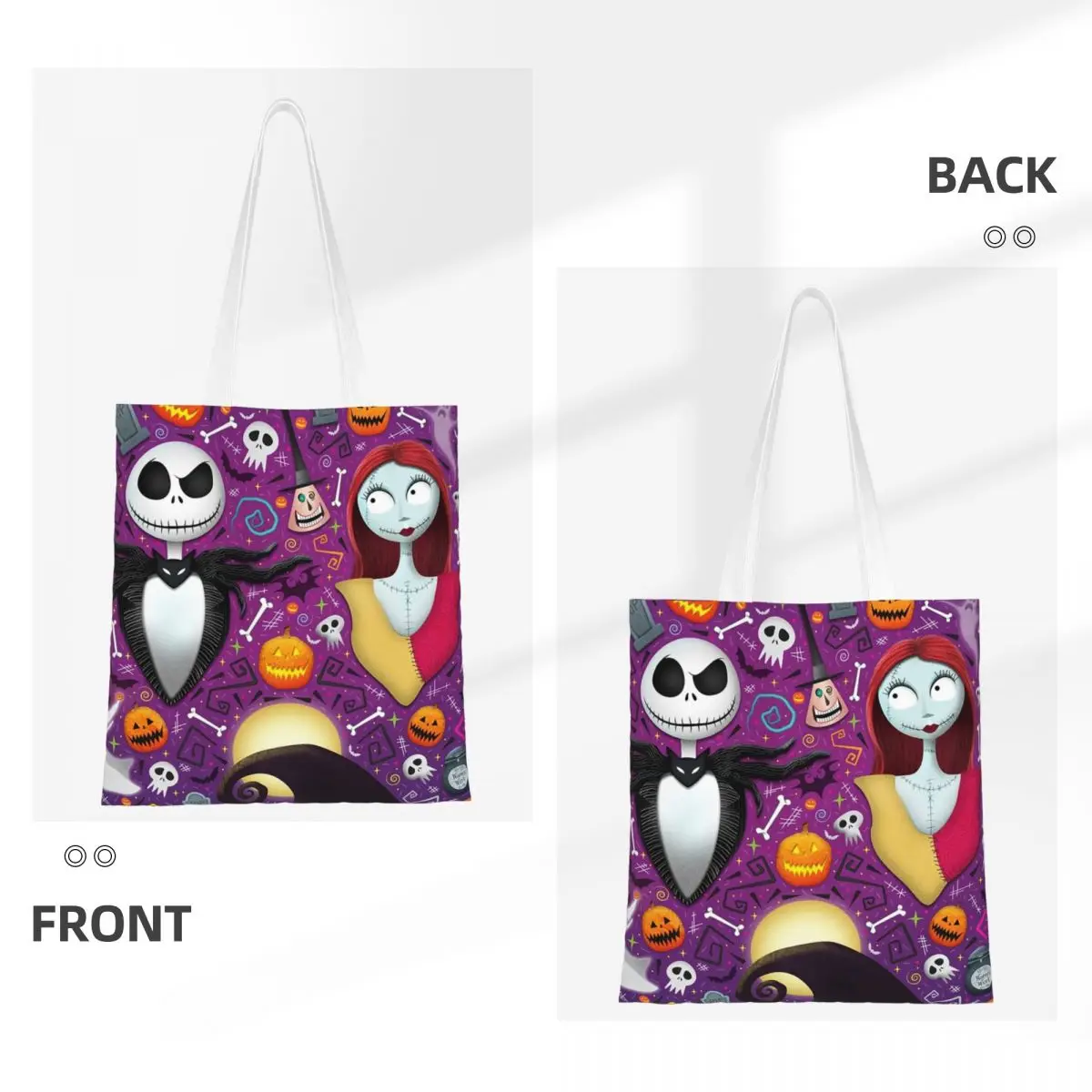 Custom Tim Burton Christmas Horror Movie Shopping Tote Bag Jack Sally Skull Halloween Canvas Groceries Shoulder Shopper Bag