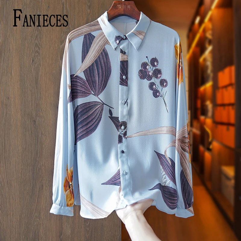 

FANIECES camisas e blusas Spring Summer Elegant Vintage Print Buttons Loose Casual Blouse Femme Simple Long Sleeve Shirt 6666