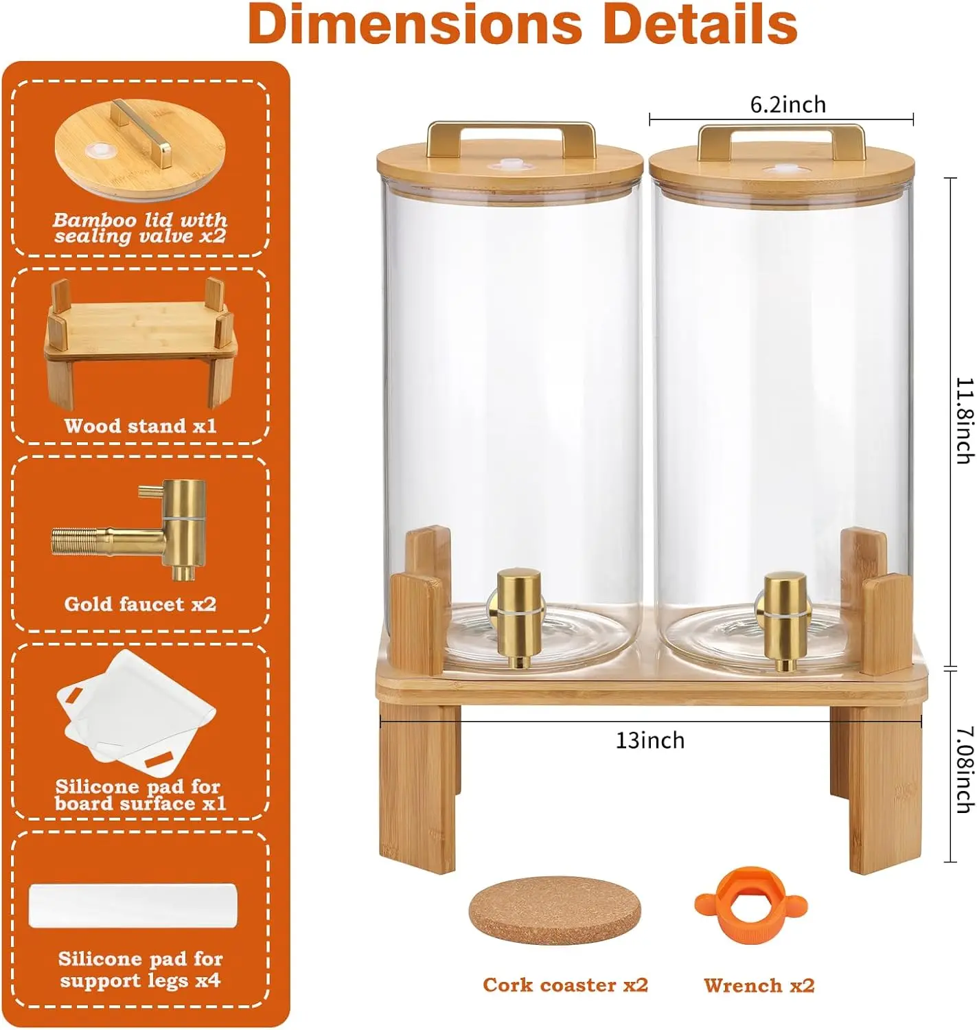 1.5 Gallon 2PCS Glass Drink Dispenser for Parties,Beverage Dispenser with Wooden Stand, Lemonade Dispenser,Juice Containers & Wa
