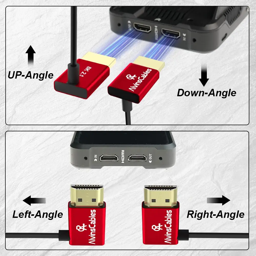 8K2.1 HDMI Angled Cable 48Gbps @60Hz 4K@120Hz High Speed Ultra Thin for Sony A7 A9 BMPCC Canon Atomos Ninja Feelworld CoiledCord