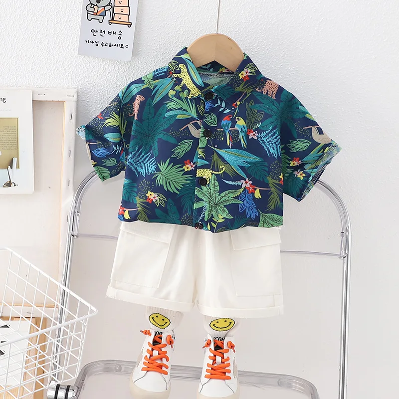 Kids Casual Clothes Sets Summer Baby Boy Beach Suits 2PCS Short Sleeves Dinosaur Print Shirt + Shorts Children Outfits