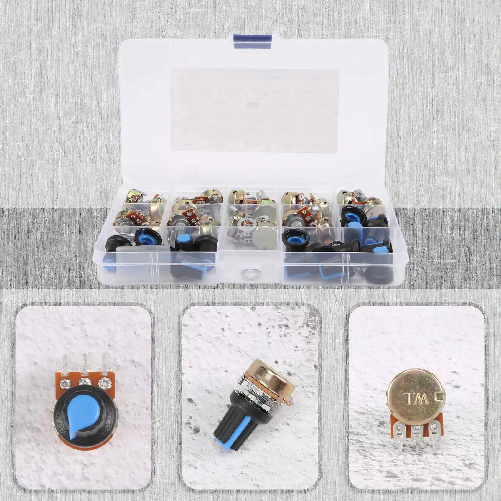 

AT14 18Pcs/Box WH148 Single Potentiometer Kit B1K/5K/10K/20K/50K/100K/500K/1M With Knobs Single Potentiometer Set Shaft Nuts