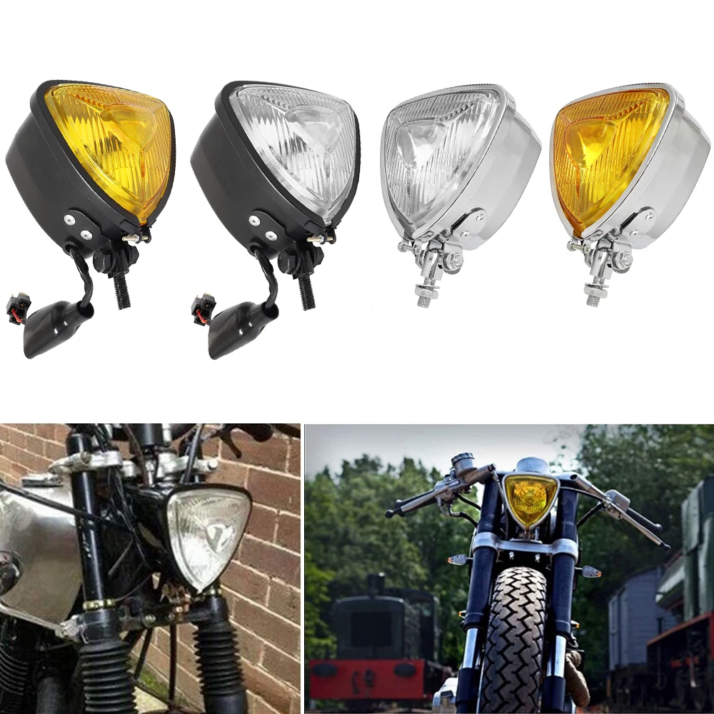 Black/ Chrome Motorcycle Headlight Retro Front Triangle Headlamp for Harley Honda Chopper Cruisers Bobber Custom