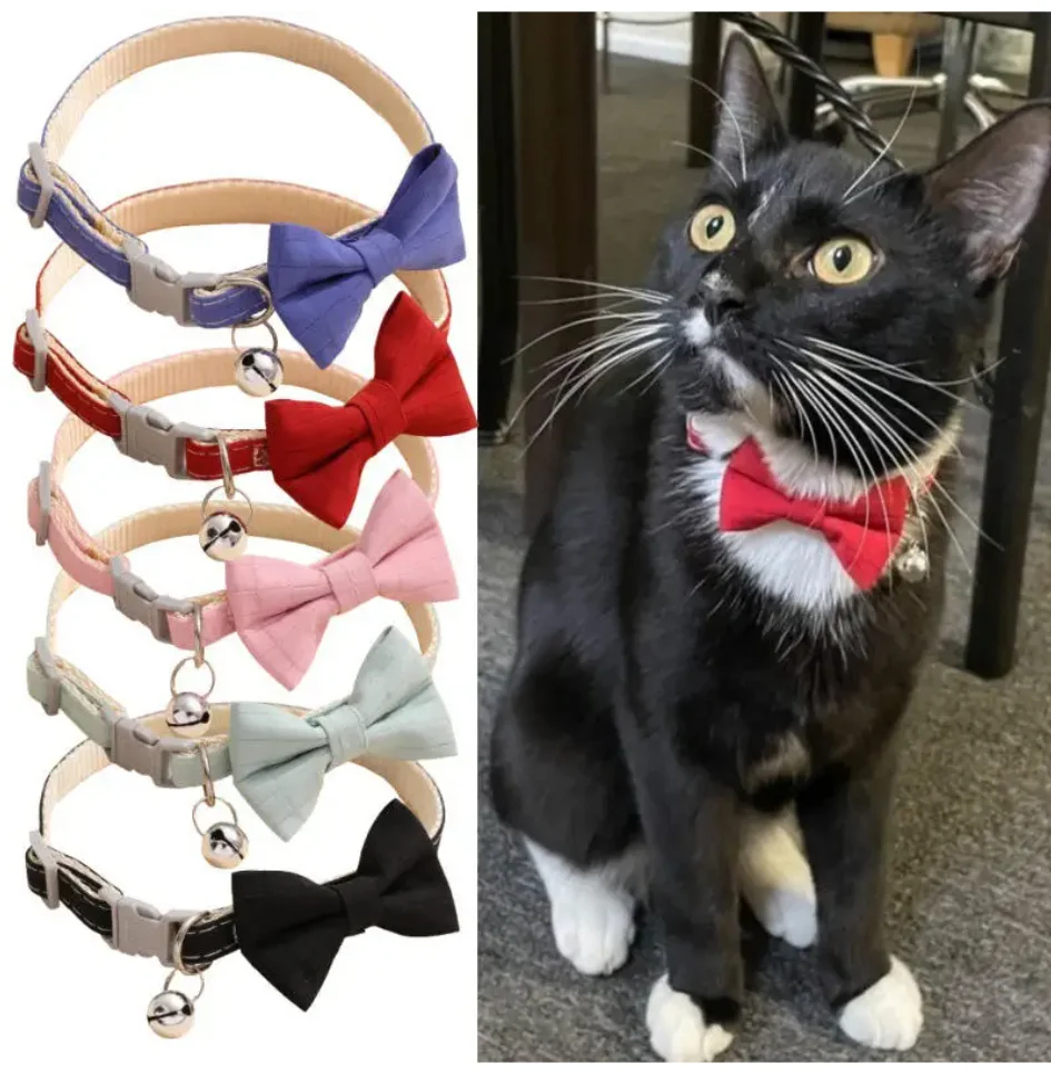

Bow Collar Solid Color Bowknot Puppy Chihuahua Adjustable Cats Accessories Safety Bell Tie Bow Buckle Pets with Collar New
