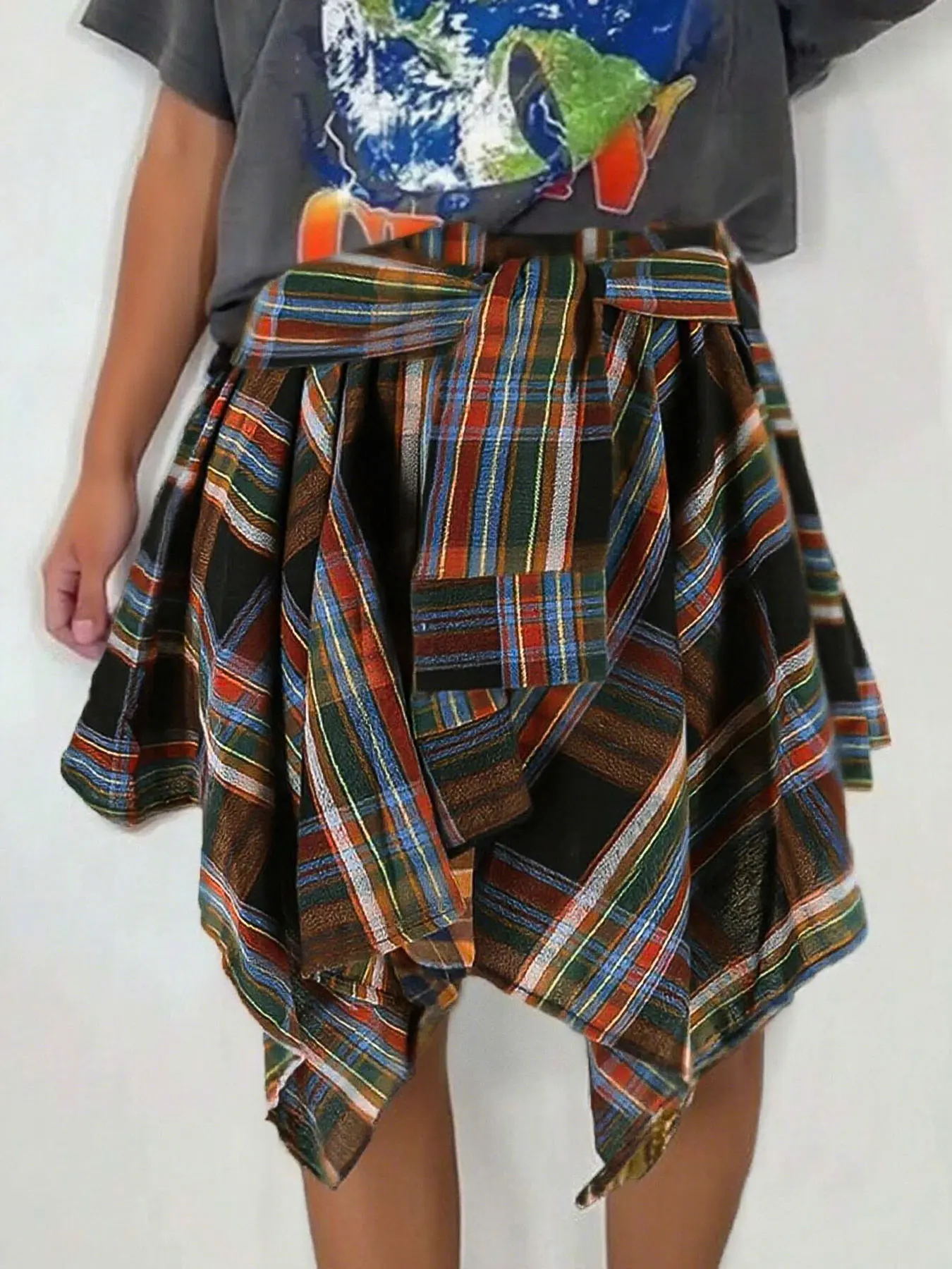 Women's Fashion Plaid Print Asymmetrical Hem High Waisted Skirt, Summer Clothes Women Casual Elastic Waist Tiered Layer Knee Len