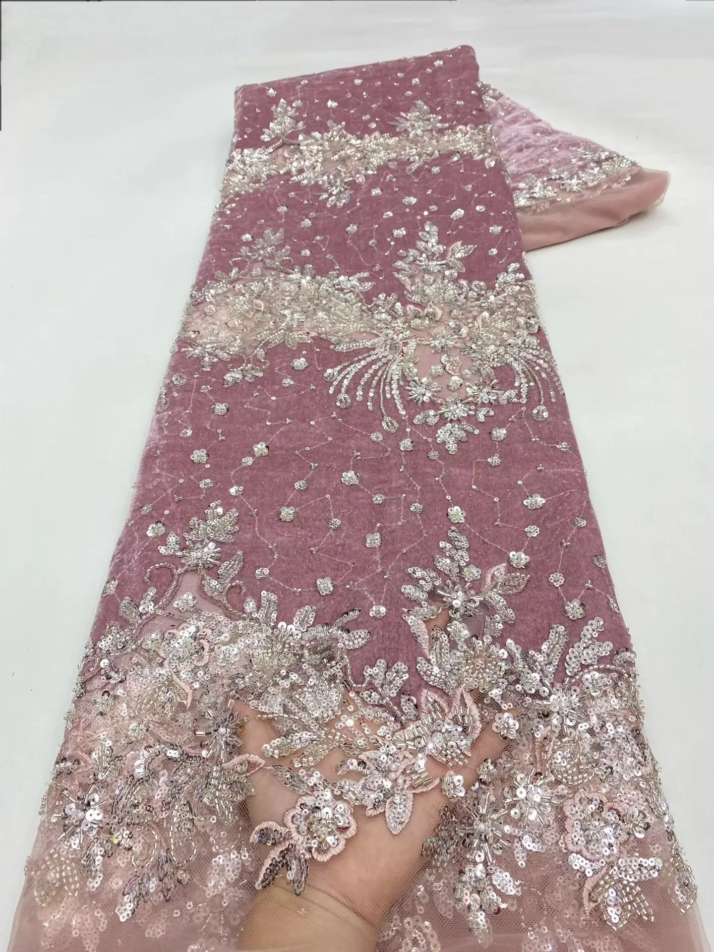 

African Lace Fabric 2025 Beaded Lace Fabric With Sequins Nigerian Bridal High Quality Embroidery Tulle Lace Fabric For Wedding