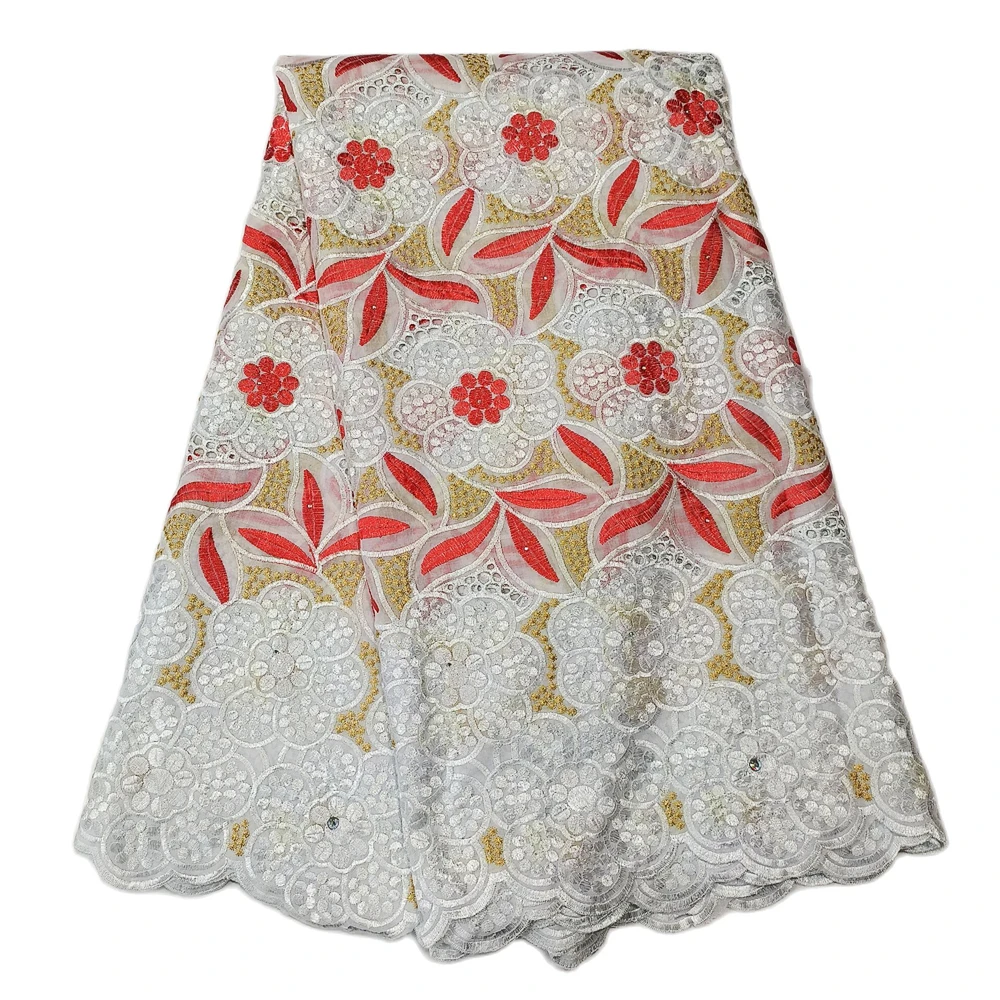 

White and Red Swiss Voile Fabric, Golden African Embroidery, Lace Fabric for Wedding Party, Fashion Clothes, Dress, 5 Yards
