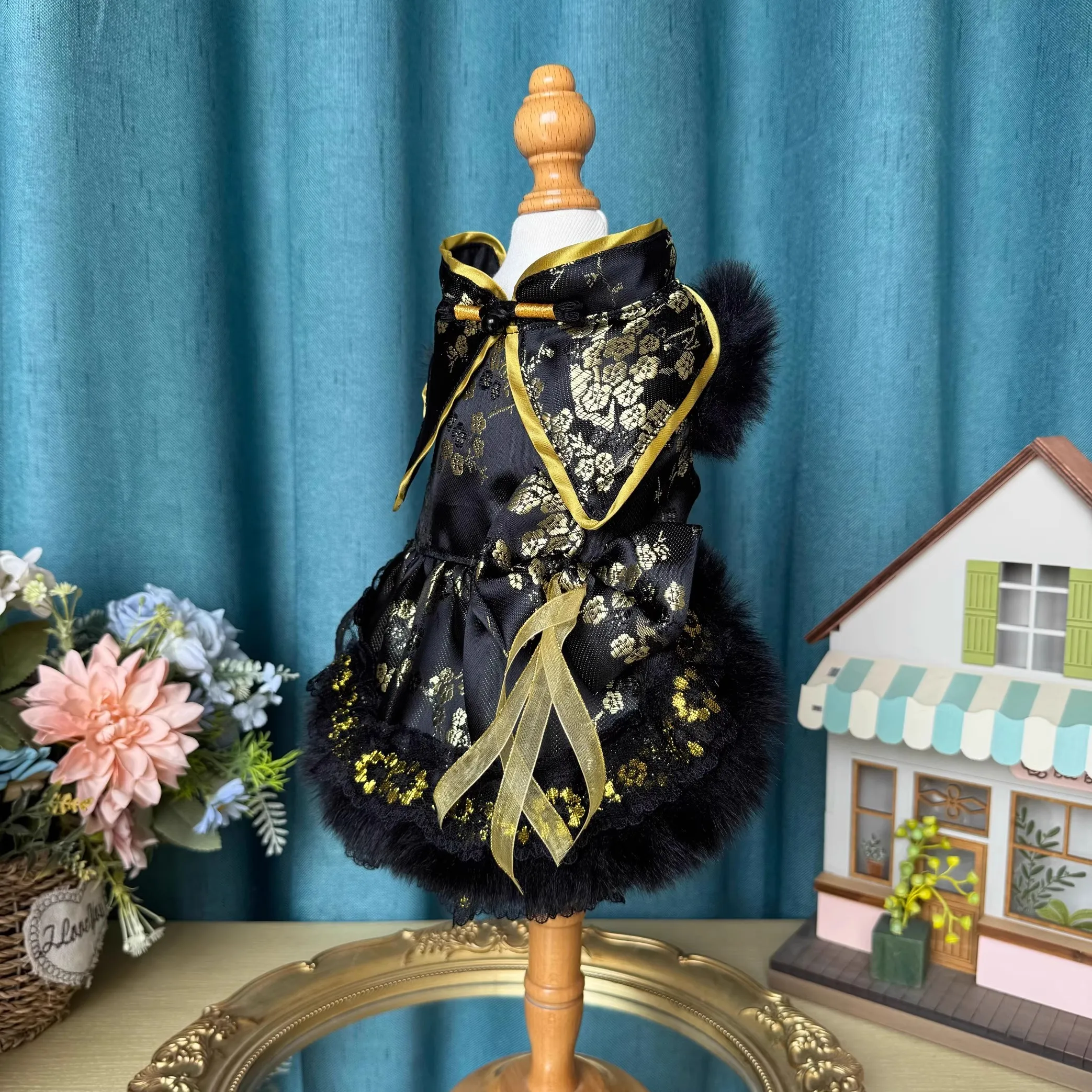 Original Chinese Style Puppy Dog Skirts Clothing Vintage Autumn Winter Black Print Party Dress For Small Medium Dog Pet Clothes