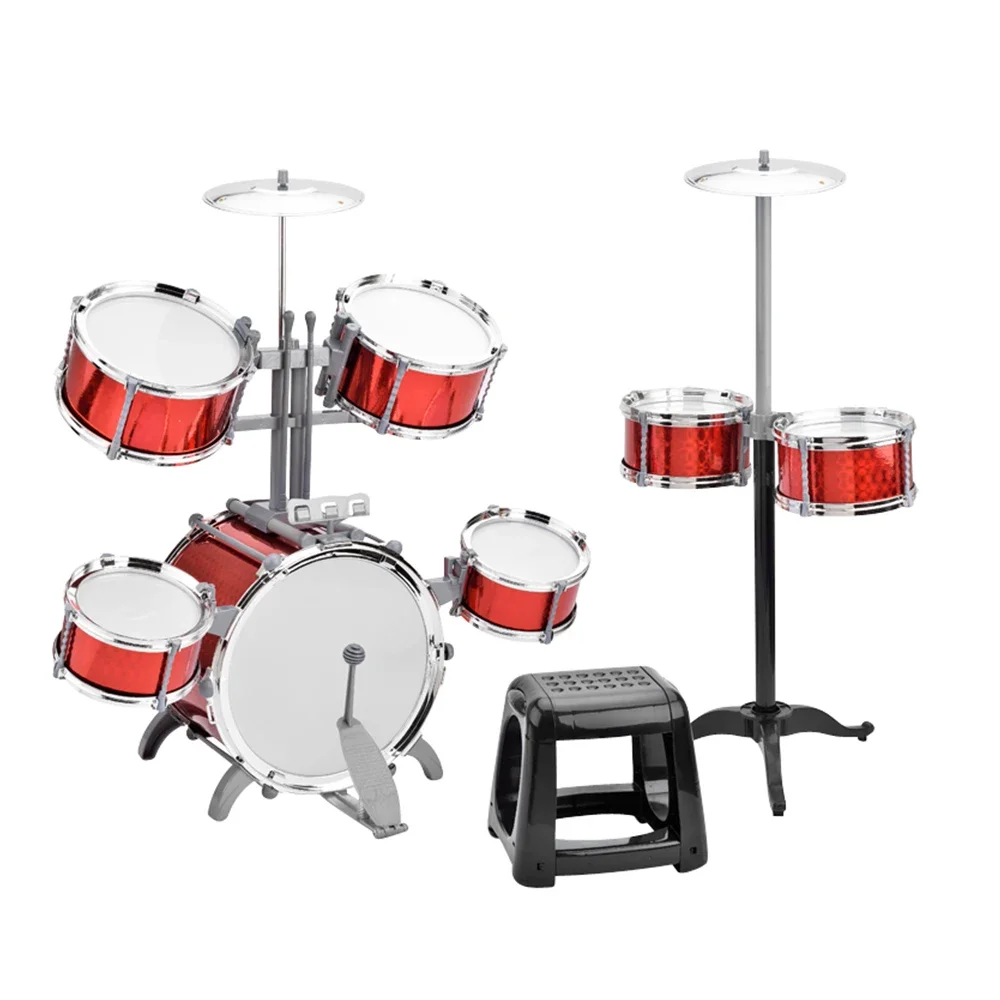 Drum Set Jazz Drum Kit with Stool 7 Drums Musical Percussion Instruments for Beginner Holiday Gifts Thickened PVC Drumhead