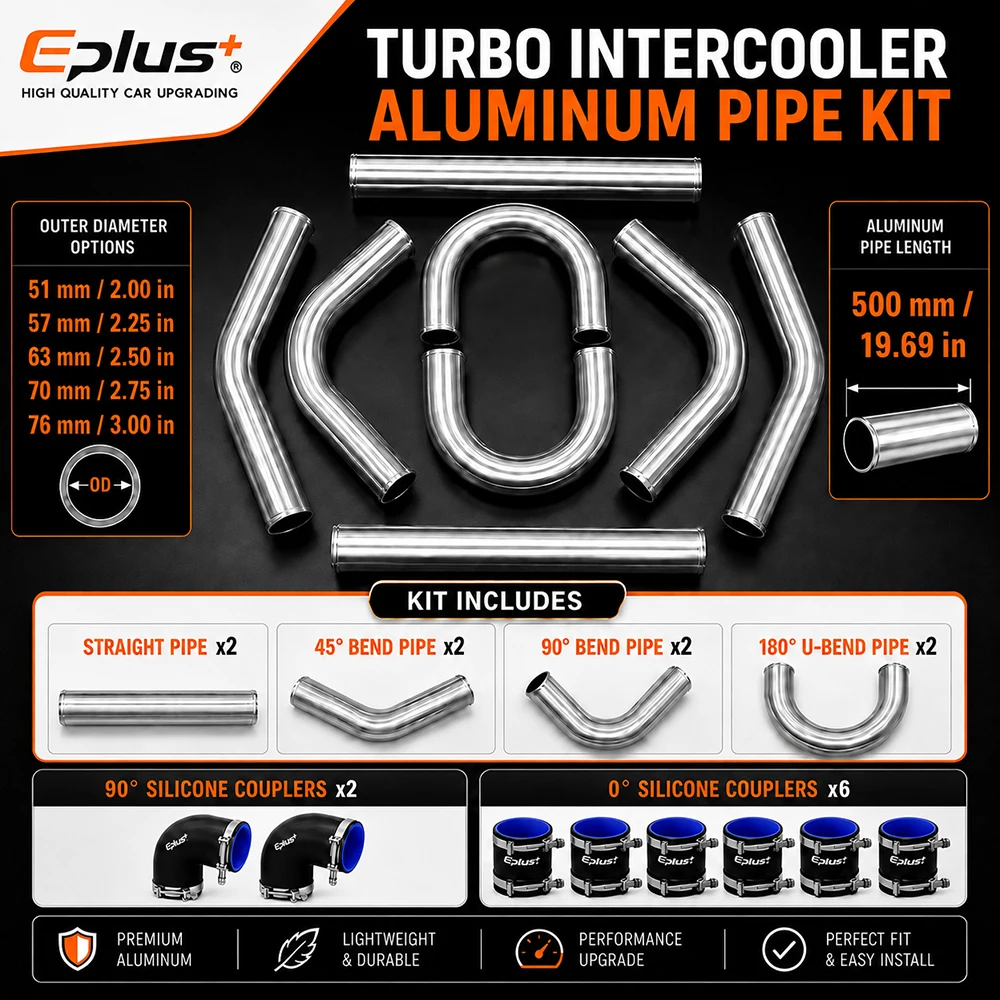 Length 500MM Universal Aluminum Car Intercooler Turbo Pipe Kit Turbo Intake Piping Set with Silicone Hoses & Clamps 51/63/76MM