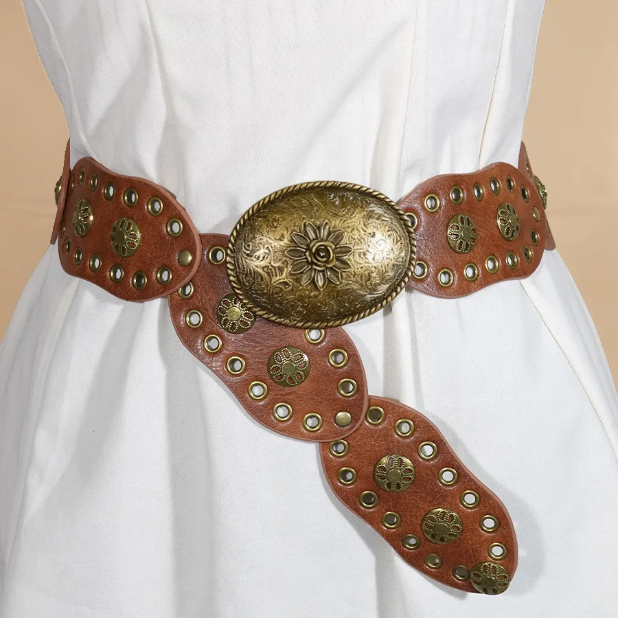 Vintage flower antique copper buckle splicing wide waist seal rivet hollow western style decorative belt