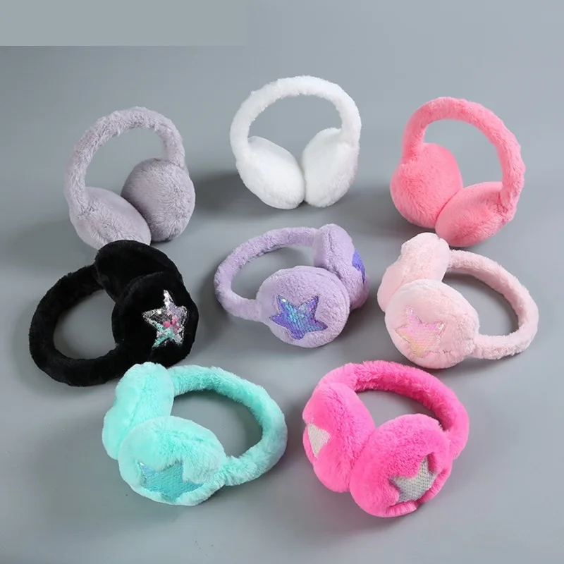 Fashion Plush Earmuffs Shiny Sequin Star Soft Earflaps Headband for Kids Boys Girls Unisex Vintage Ear-cap Winter Outdoor